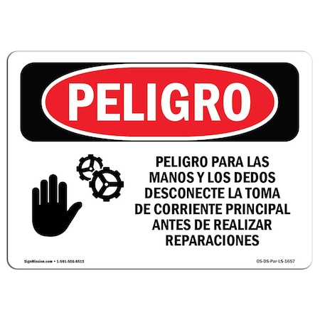 OSHA Danger Sign, Finger, Hand Hazard Spanish, 5in X 3.5in Decal